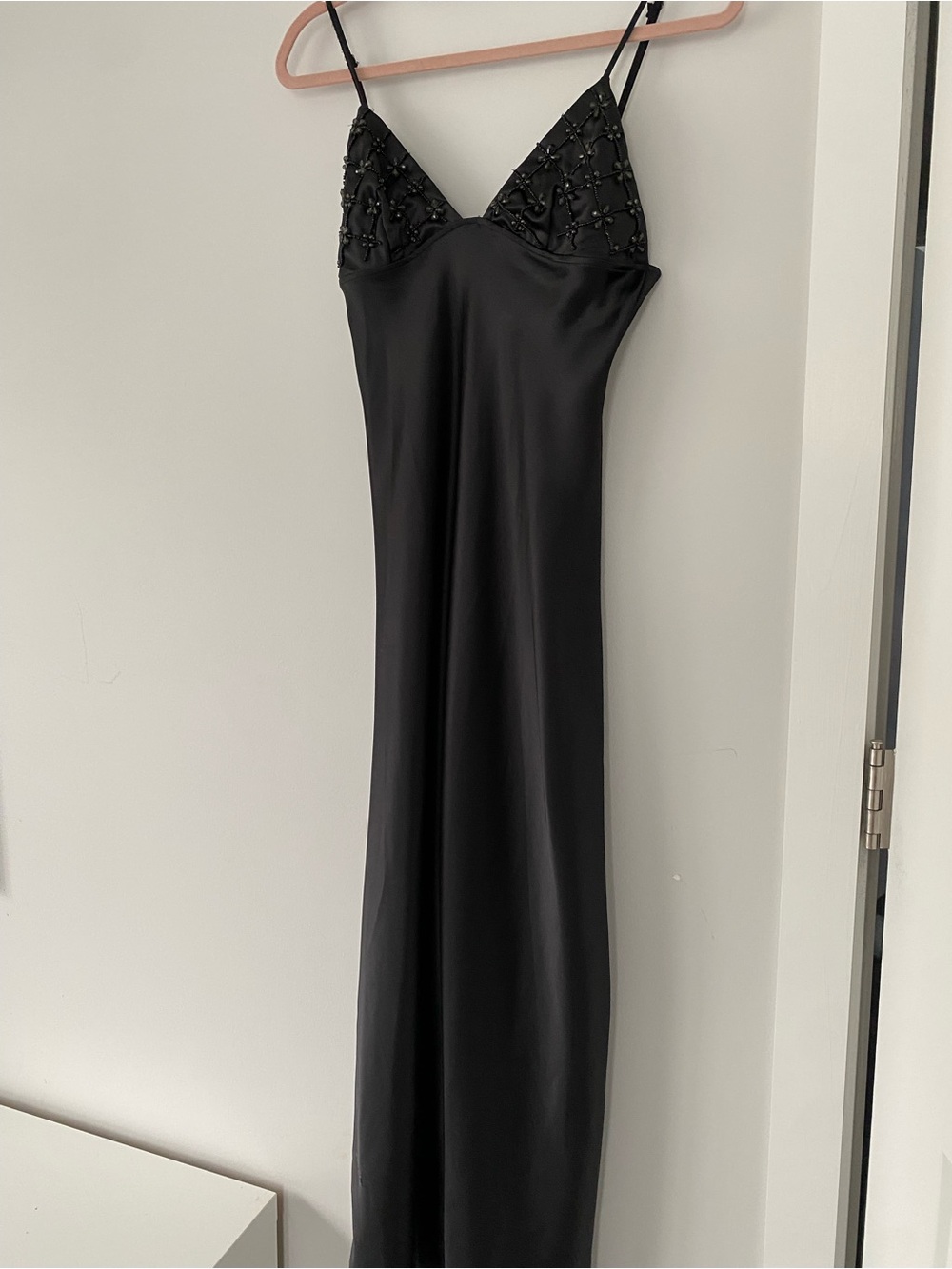 Zara Black Satin Midi Slip Dress with Beaded Cups